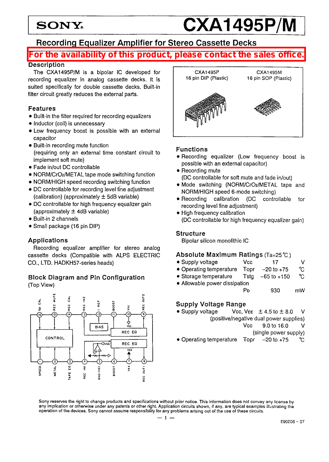 Sony CXA1495P, CXA1495M Datasheet