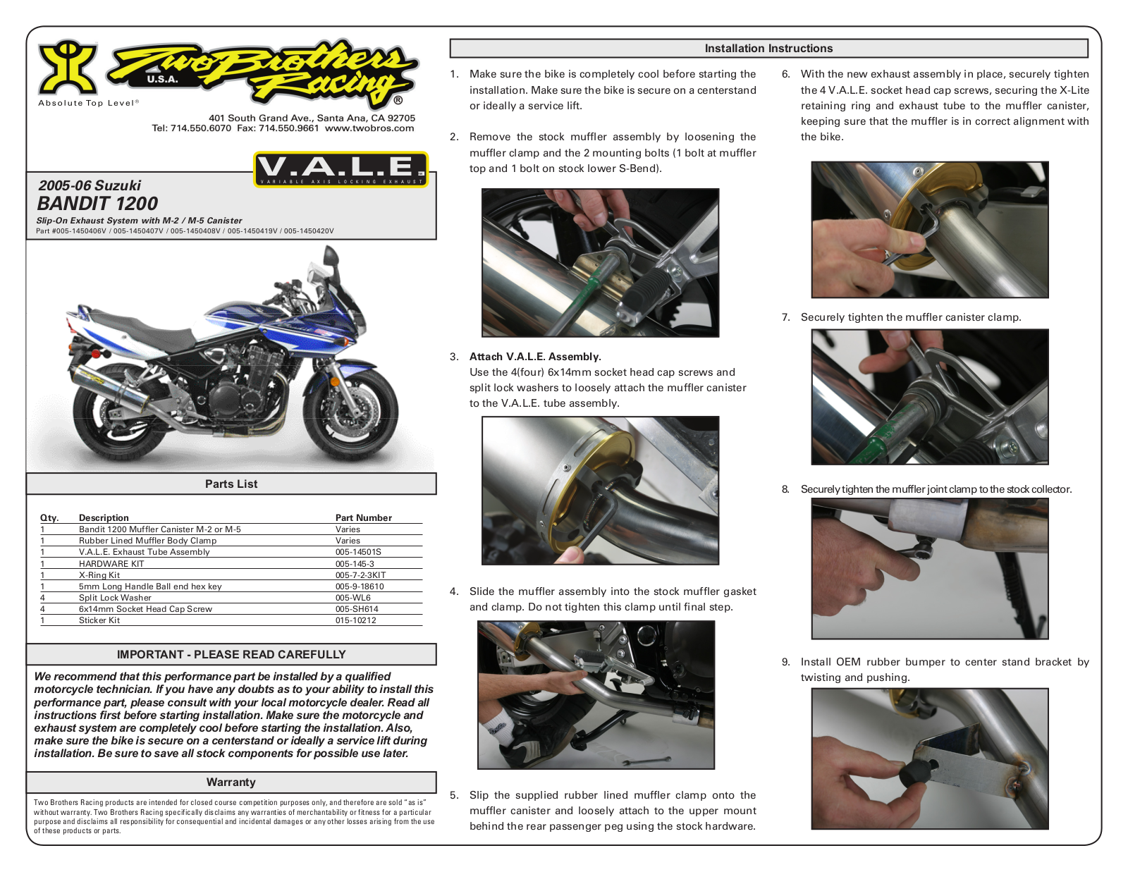 Two Brothers Racing Suzuki Bandit 1200 User Manual