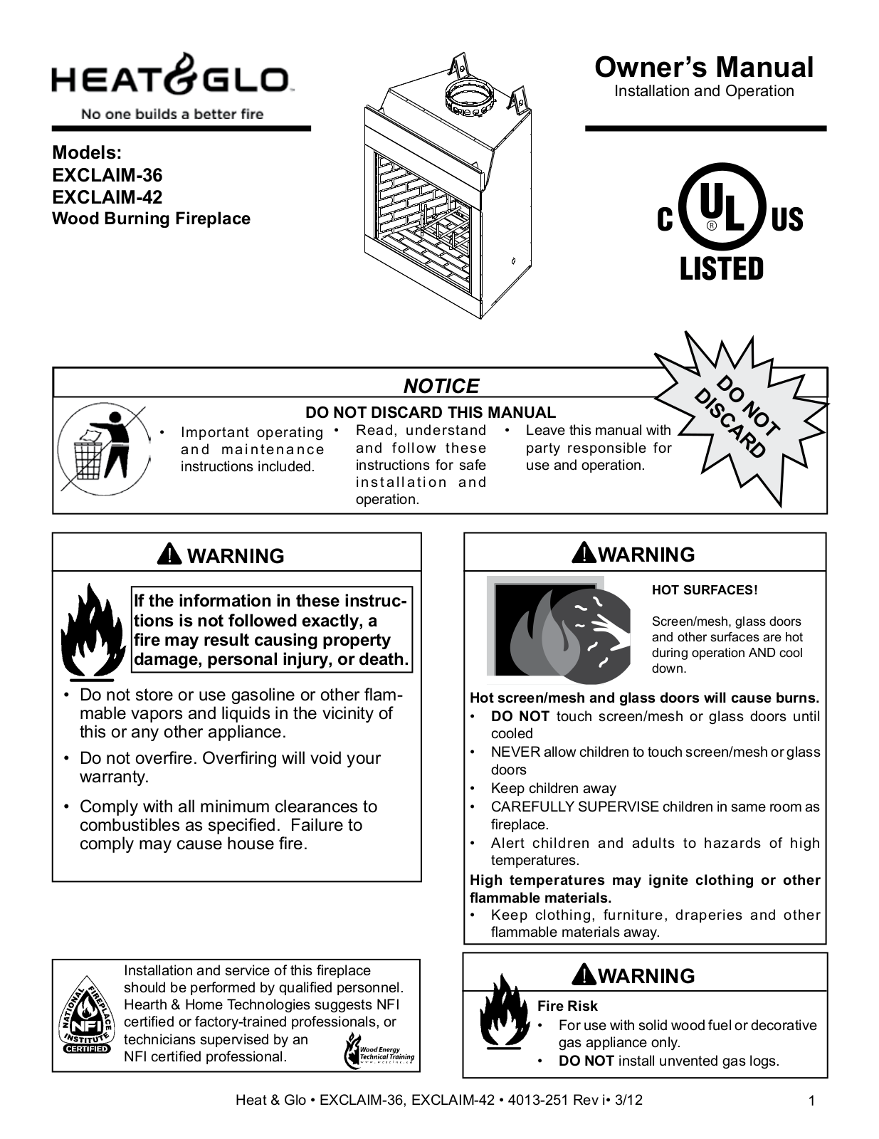 Heat & Glo EXCLAIM-36 User Manual