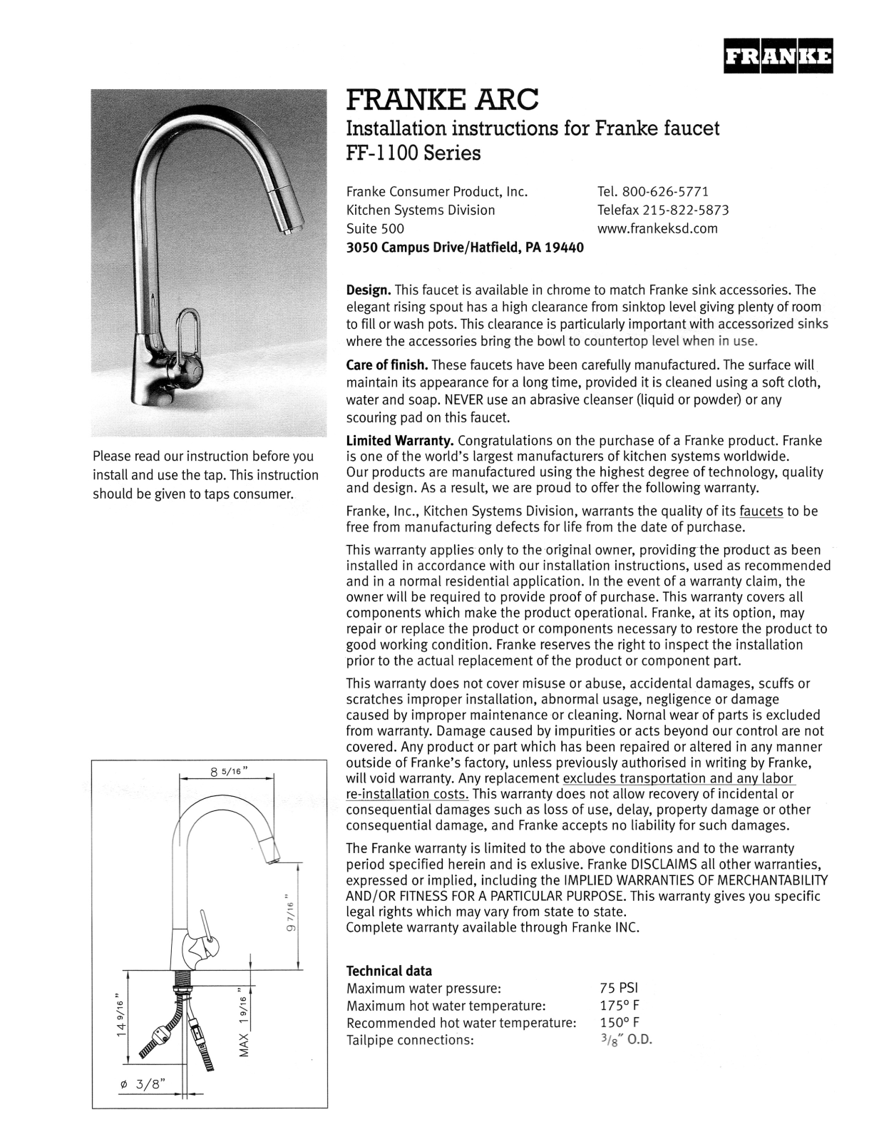 Franke Foodservice FF-1100 Installation  Manual