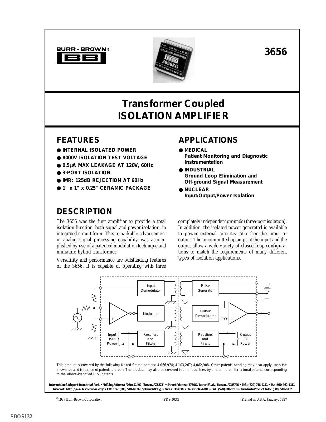 Burr Brown Corporation 3656, 3656JG, 3656HG, 3656BG, 3656AG Datasheet