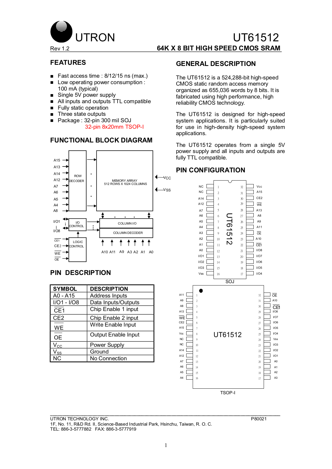 UTRON UT61512LC-8, UT61512LC-15, UT61512LC-12, UT61512JC-8, UT61512JC-15 Datasheet