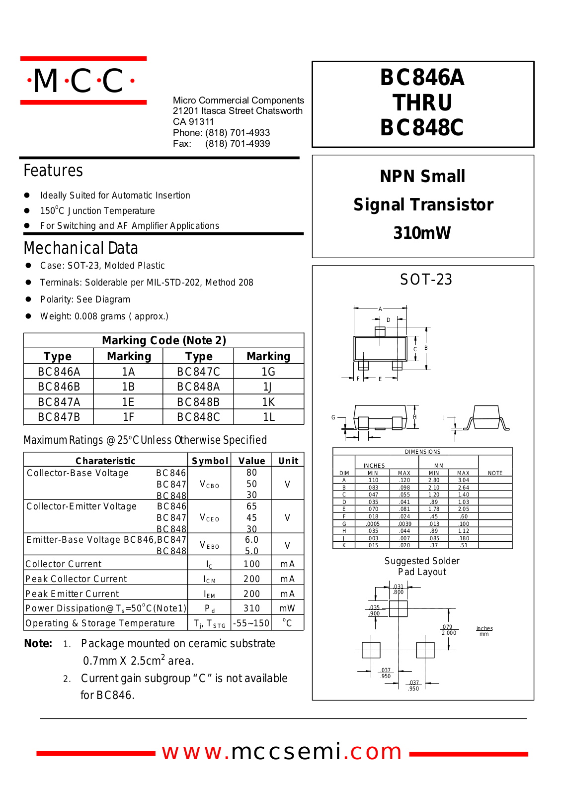 MCC BC848B, BC848A, BC847C, BC847B, BC846B Datasheet