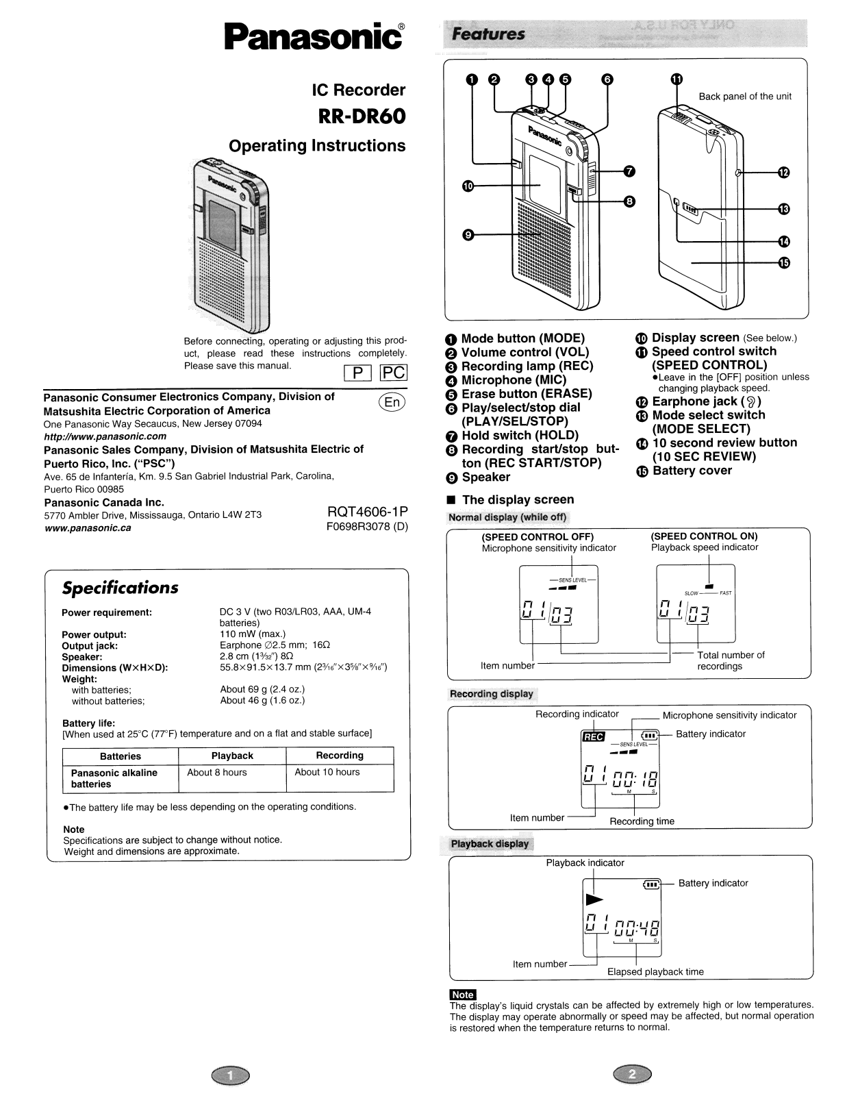 Panasonic RR-DR60 User Manual