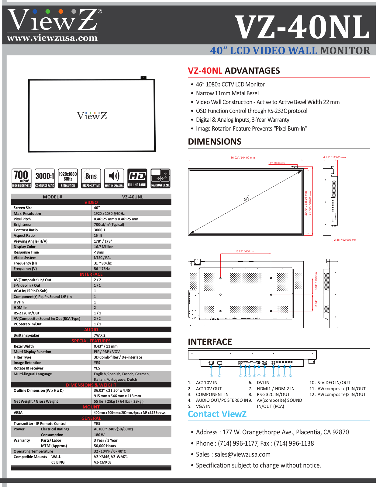 ViewZ VZ-40NL Specsheet