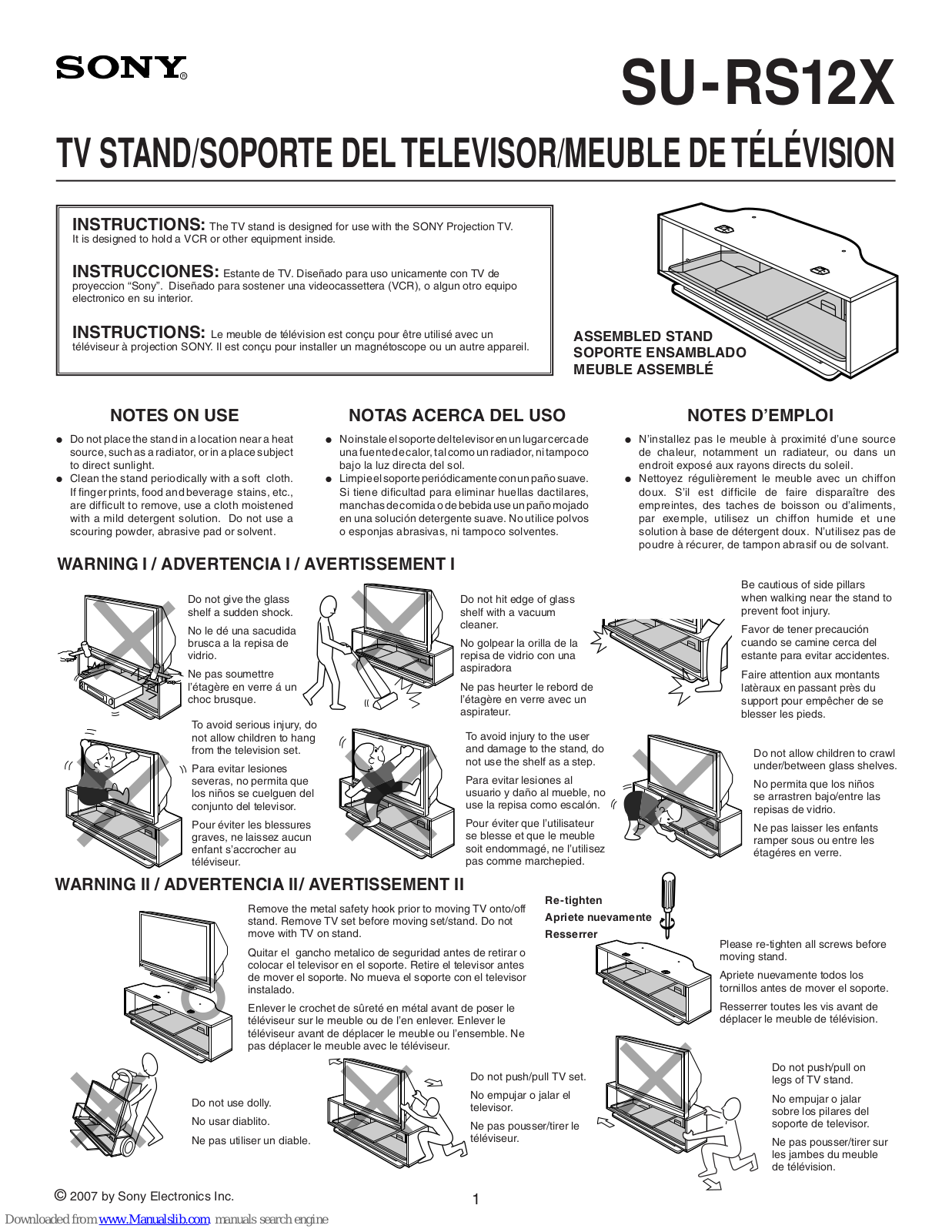 Sony SU-RS12X - Stand For Rear Projection TV, KDS-50A3000 - Bravia Sxrd Microdisplay Hdtv, KDS-55A3000 - Bravia Sxrd Microdisplay Hdtv Instructions Manual