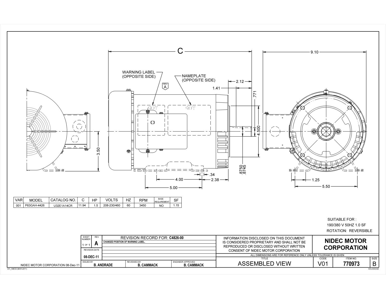 US Motors U32P1A14CR Dimensional Sheet