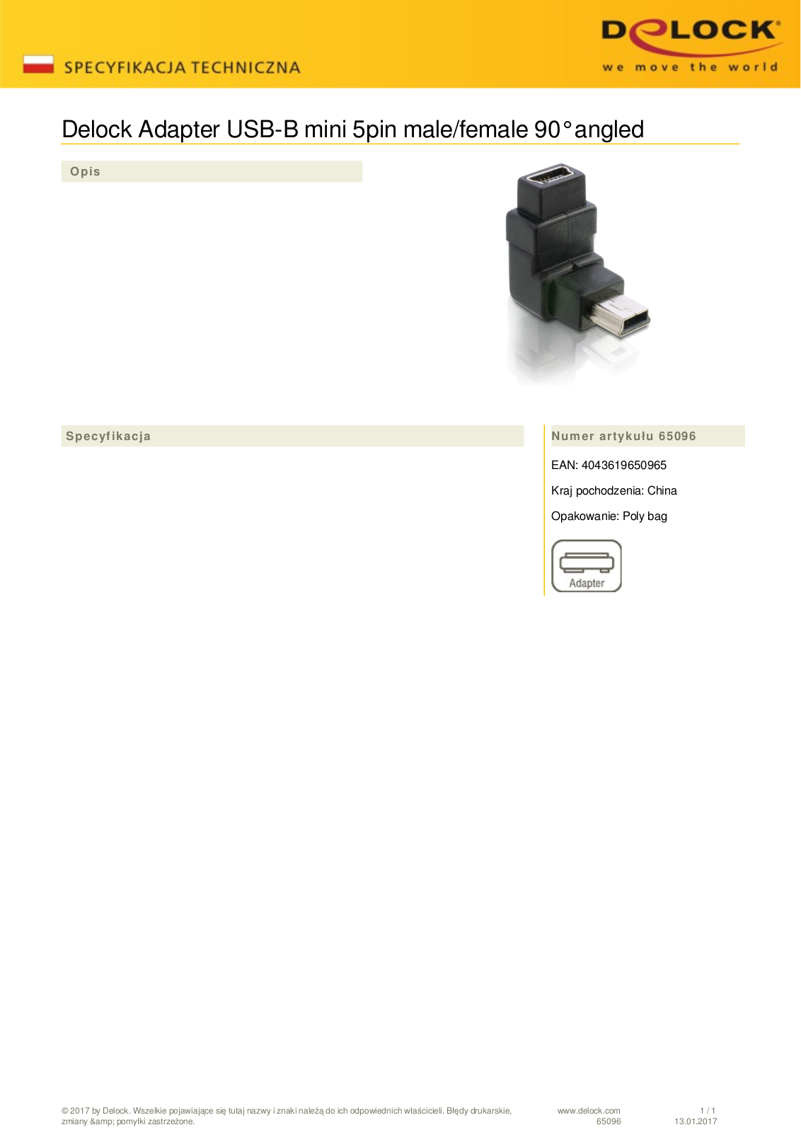 DeLOCK USB 2.0 adapter, mini-B 5-pin  plug  on  socket  90° angled User Manual