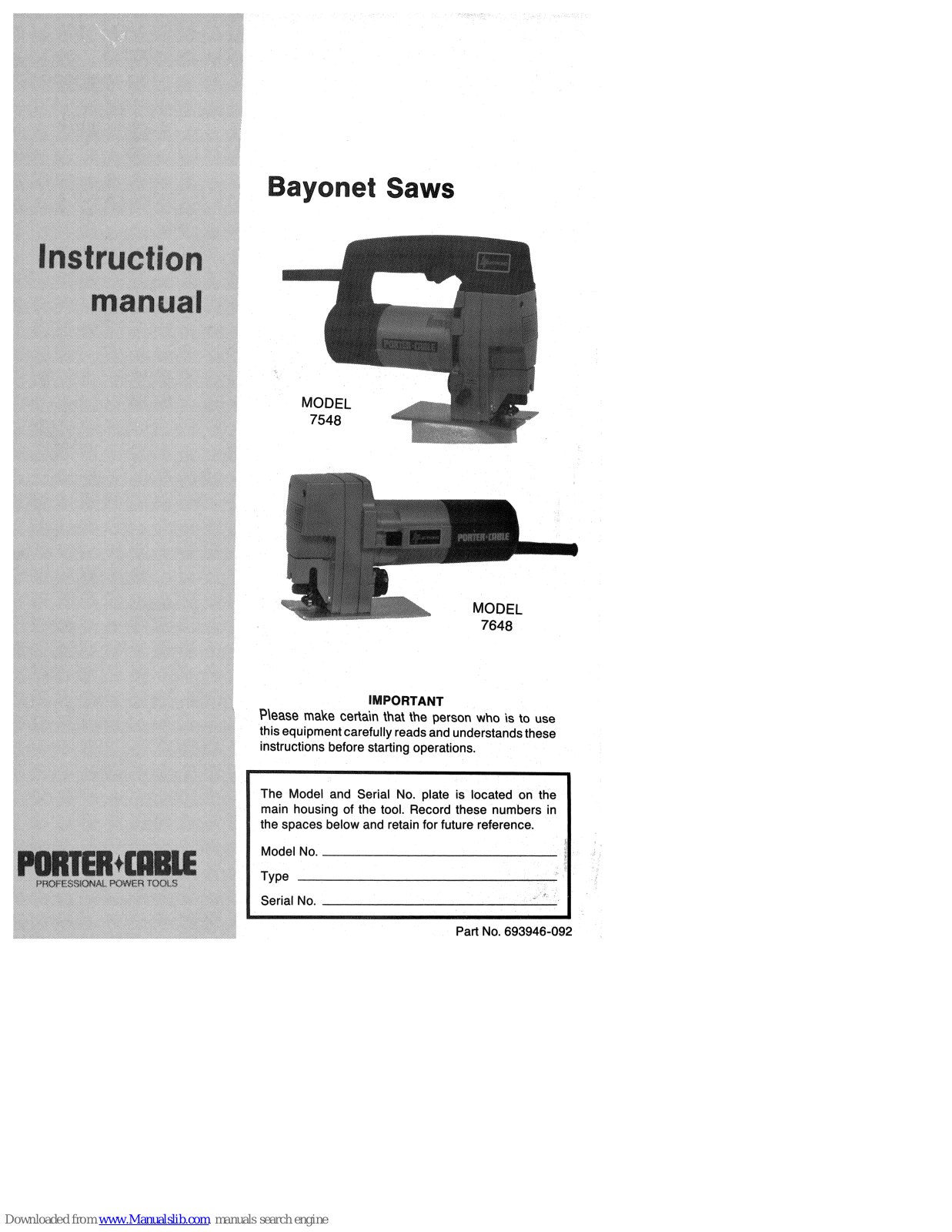 Porter-Cable BAYONET SAWS 7548, BAYONET SAWS 7648, 7548, 7648 Instruction Manual