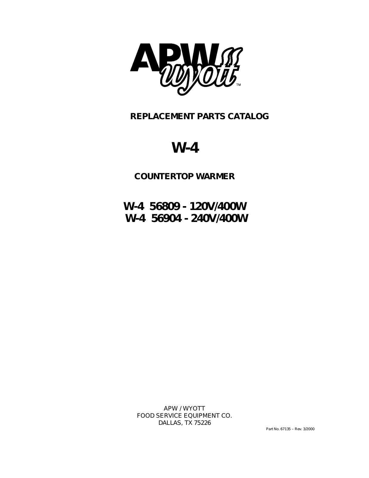 APW Wyott W-4 Parts Manual