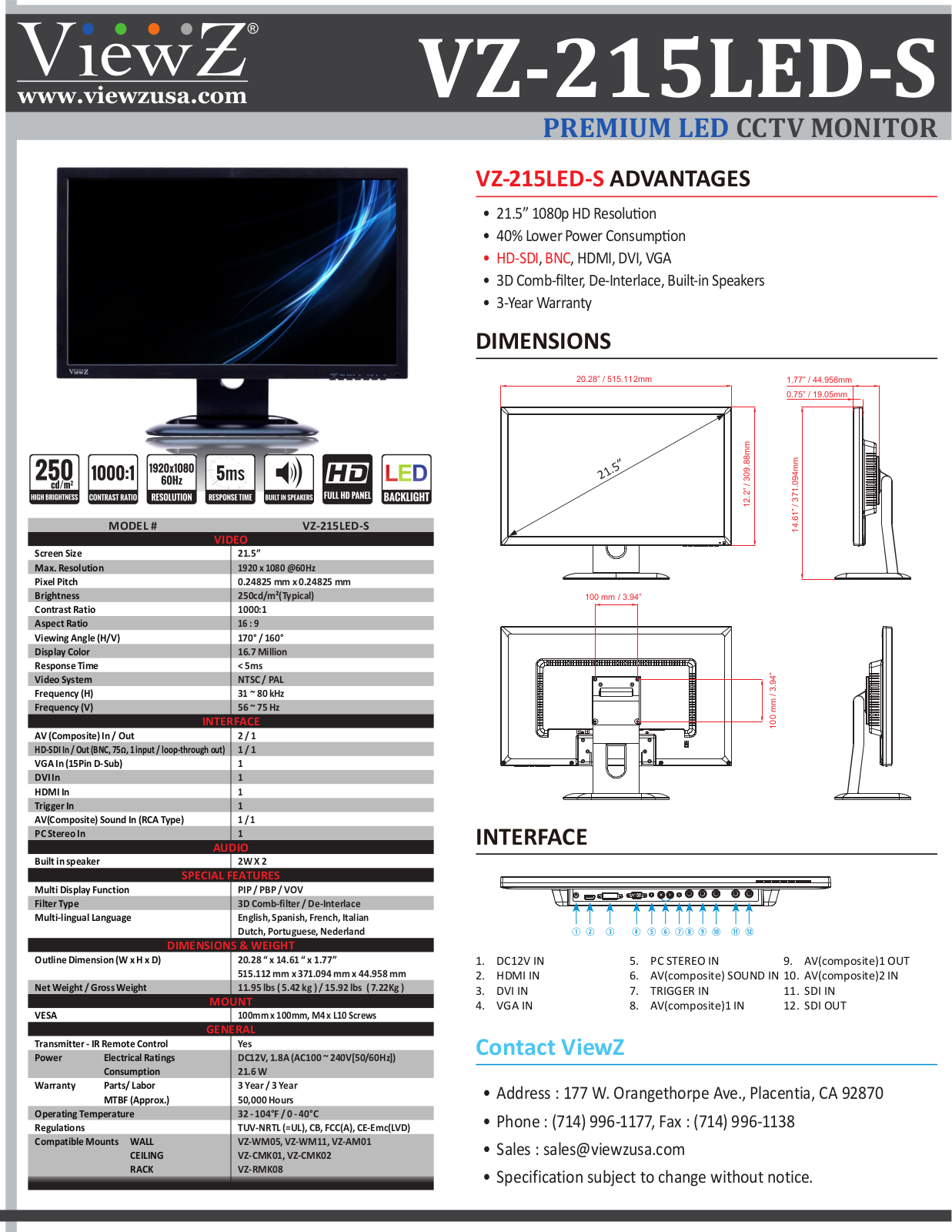 ViewZ VZ-215LED-S Specsheet