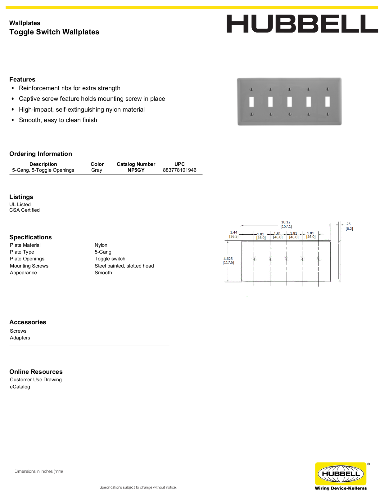 Hubbell NP5GY Specifications