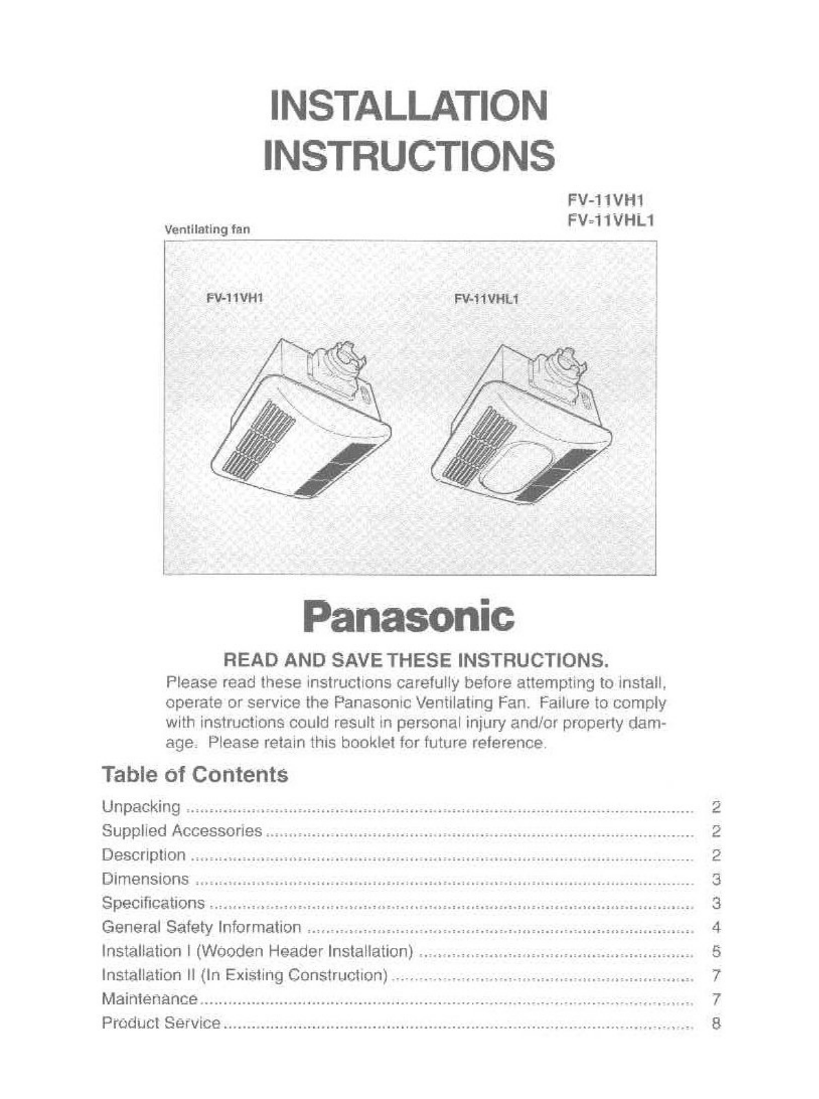 Panasonic FV-11VHL1, FV-11VH1 User Manual