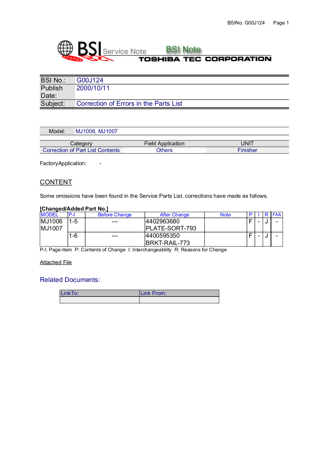 Toshiba G00J124 Service Note