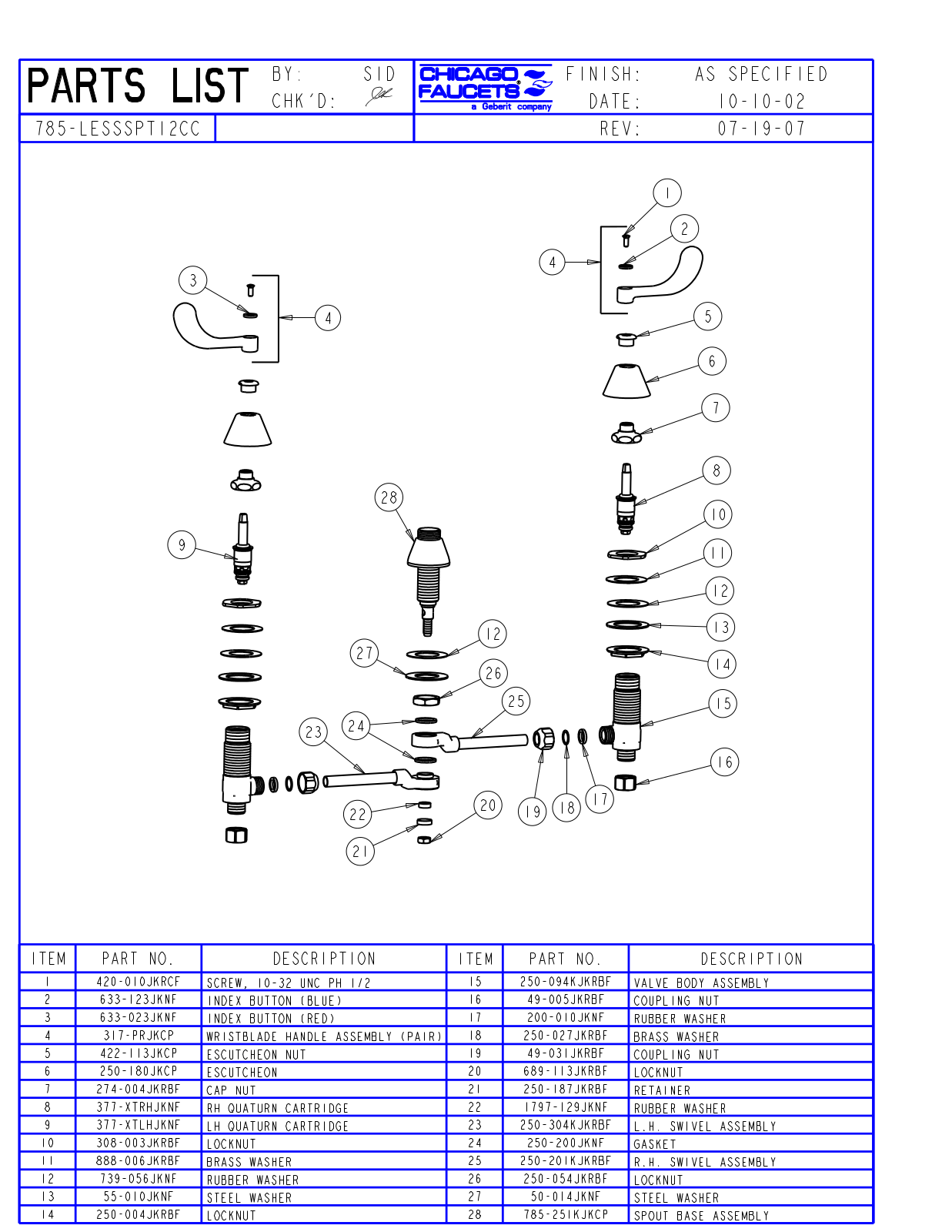 Chicago Faucet 785-LESSSPT12CC Parts List