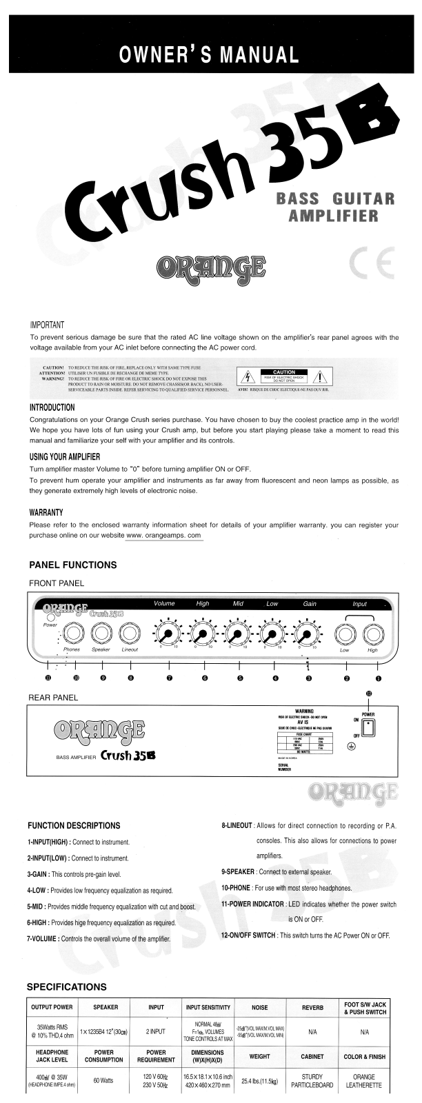 Orange Crush 35B Owner's Manual