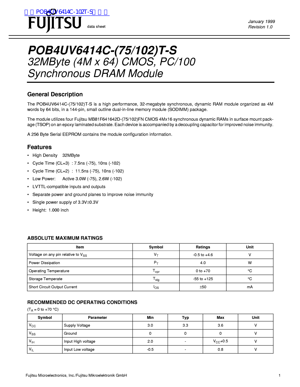 FUJITSU POB4UV6414C-75T-S, POB4UV6414C-102T-S DATA SHEET