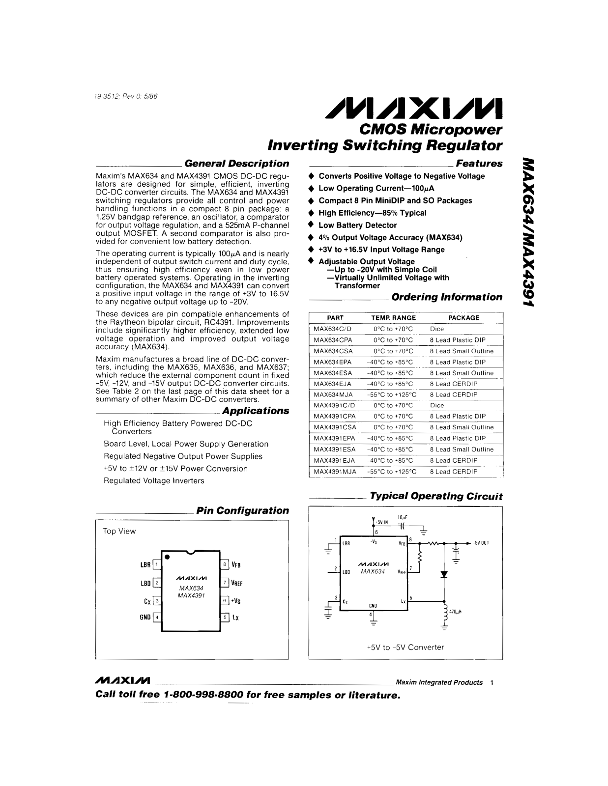 Maxim MAX634C-D, MAX634CSA, MAX634EJA, MAX634EPA, MAX634ESA Datasheet