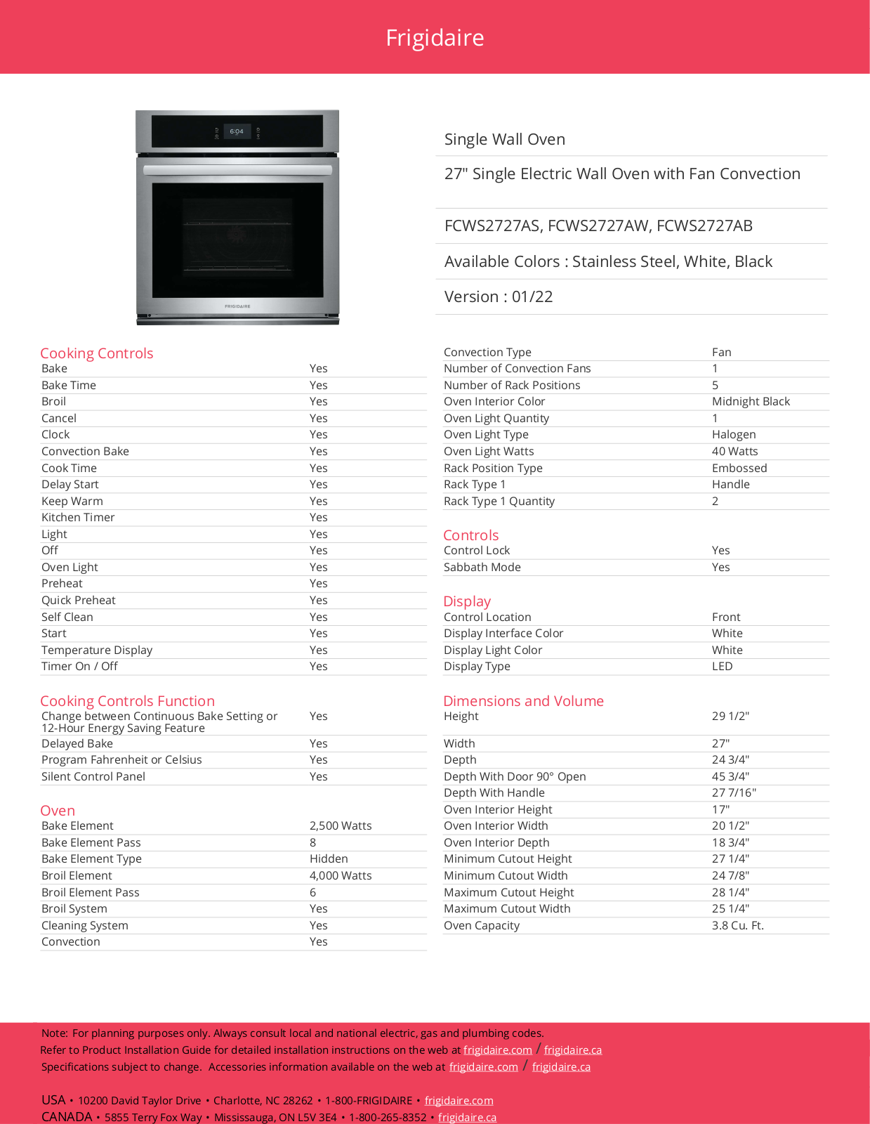 Frigidaire FCWS2727AB Specifications - ManualMachine.com