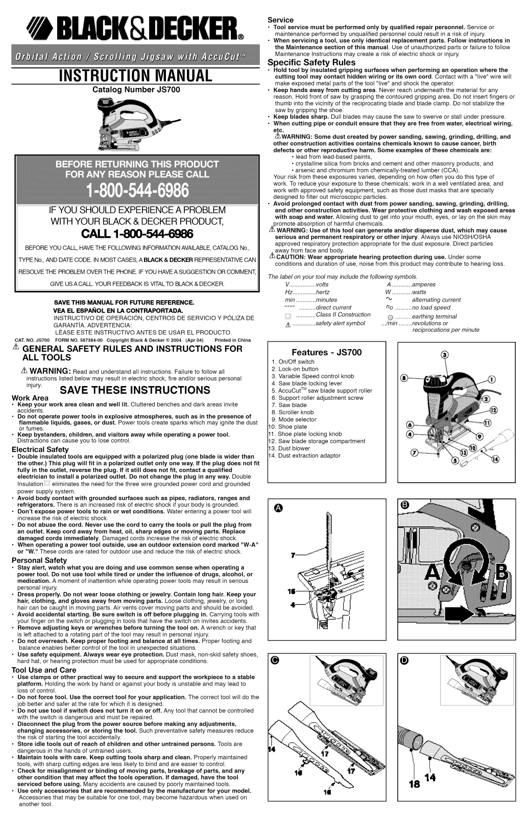 Black & Decker JS700K TYPE1 Owner’s Manual