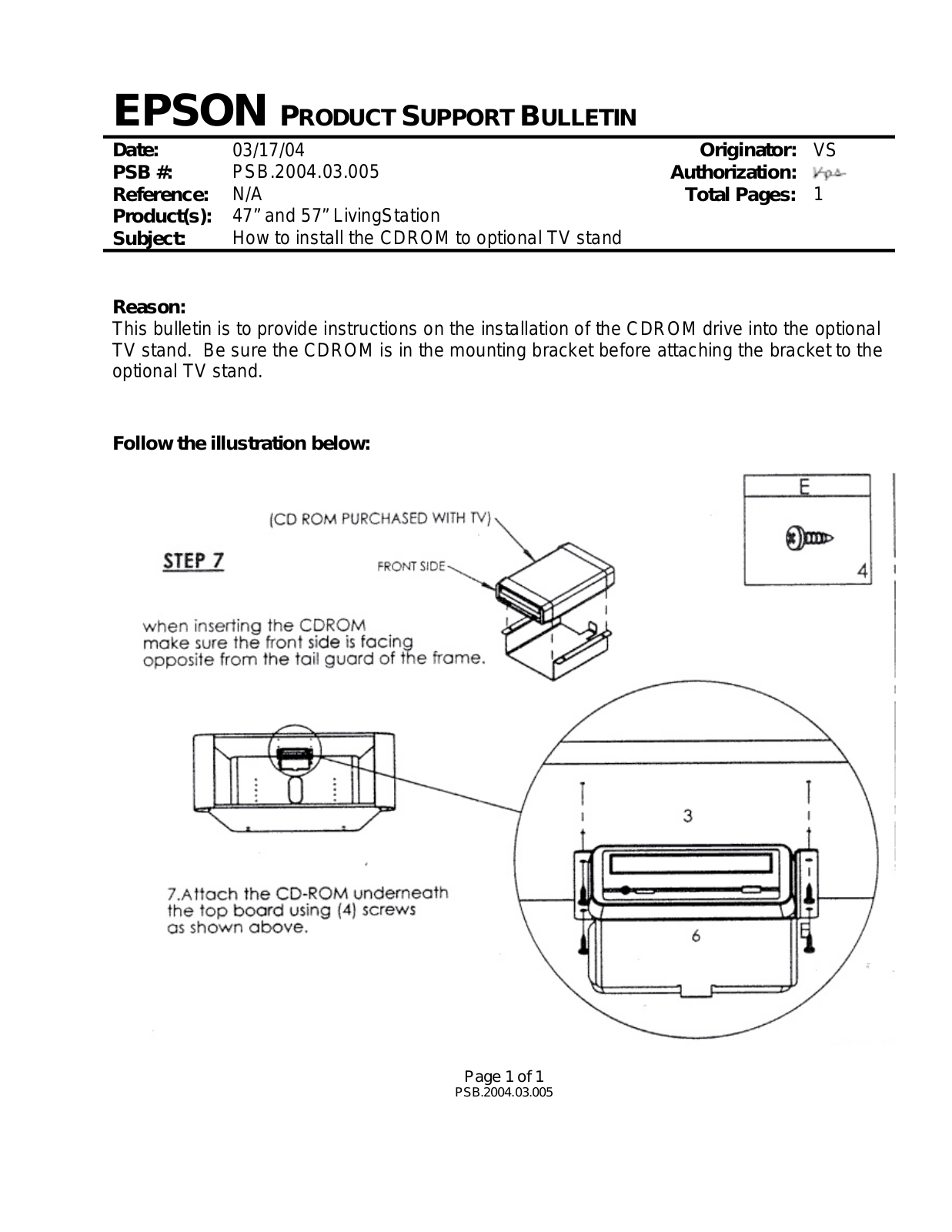 Epson Livingstation LS47P1, Livingstation LS47P2, Livingstation LS57P1, Livingstation LS57P2, Livingstation 47 Product Support Bulletin