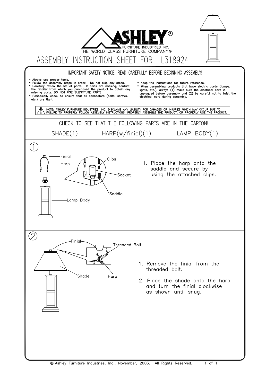 Ashley L318924 Assembly Guide