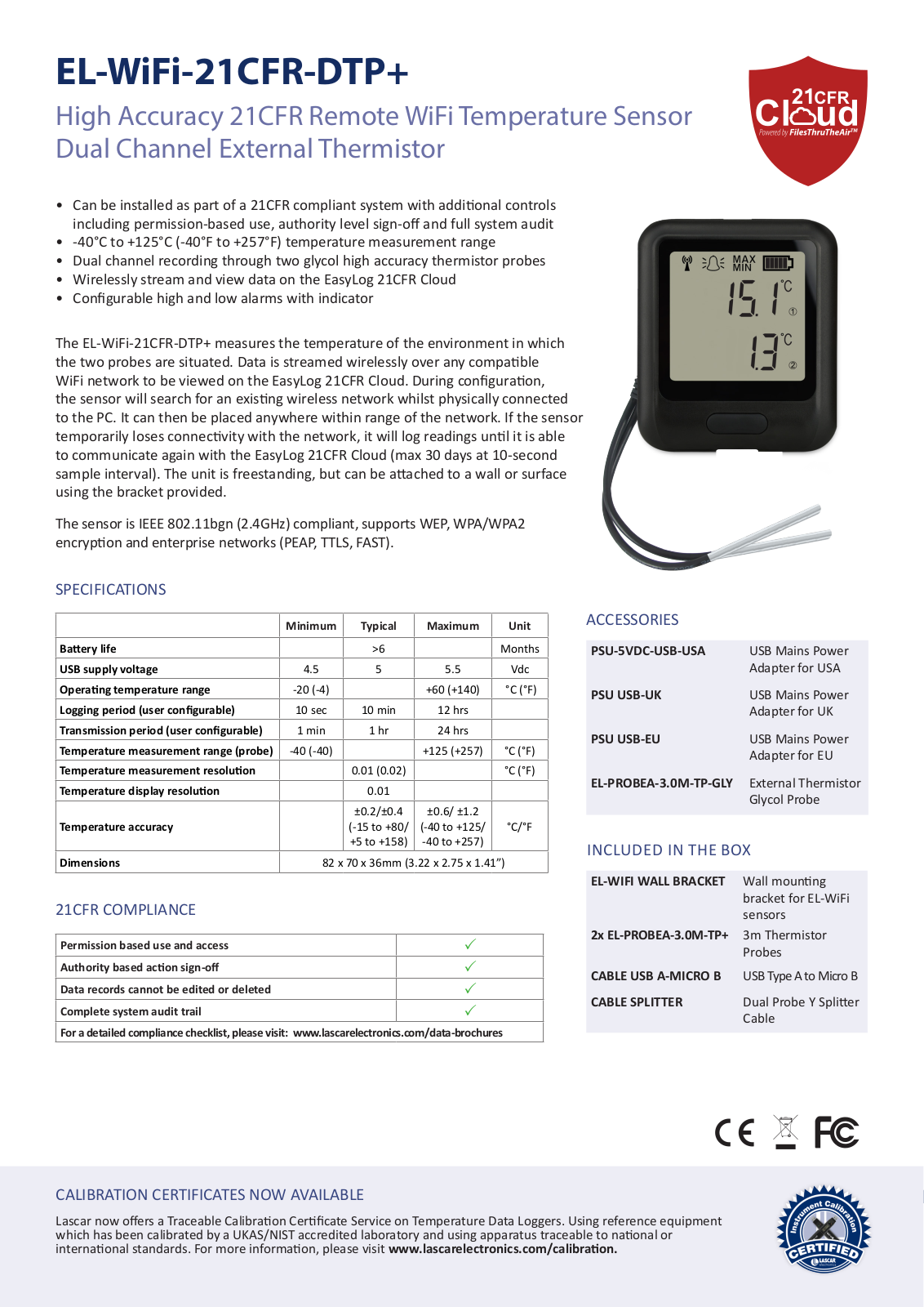 Lascar EL-WIFI-21CFR-DTP+ Data Sheet