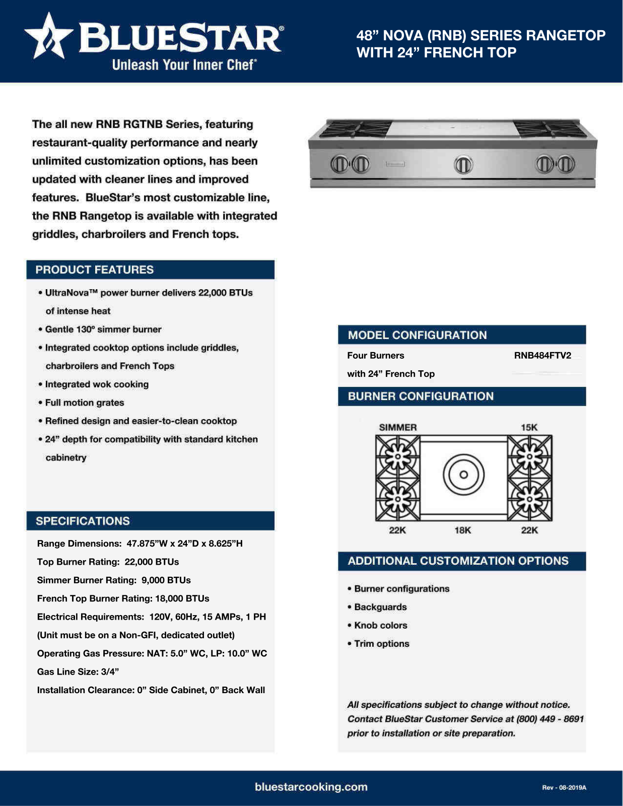 BlueStar RGTNB484FTBV2LPLT Specifications