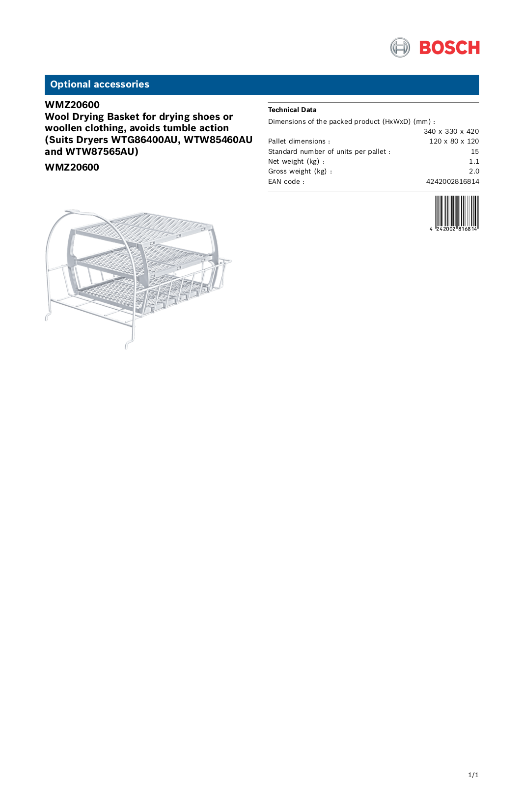 Bosch WMZ2060 Specifications Sheet