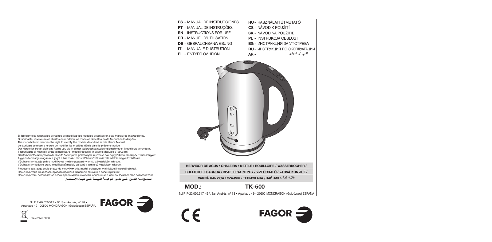 Fagor TK-500 Instructions Manual