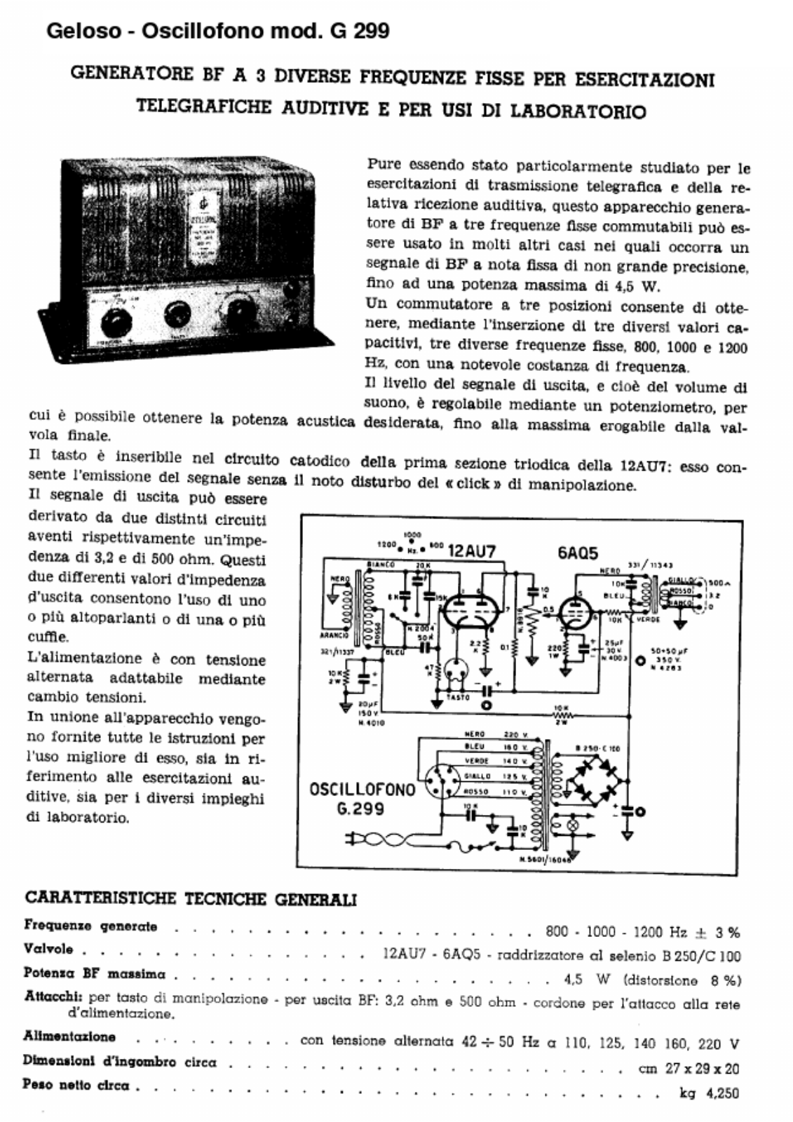 Geloso g299 Specification