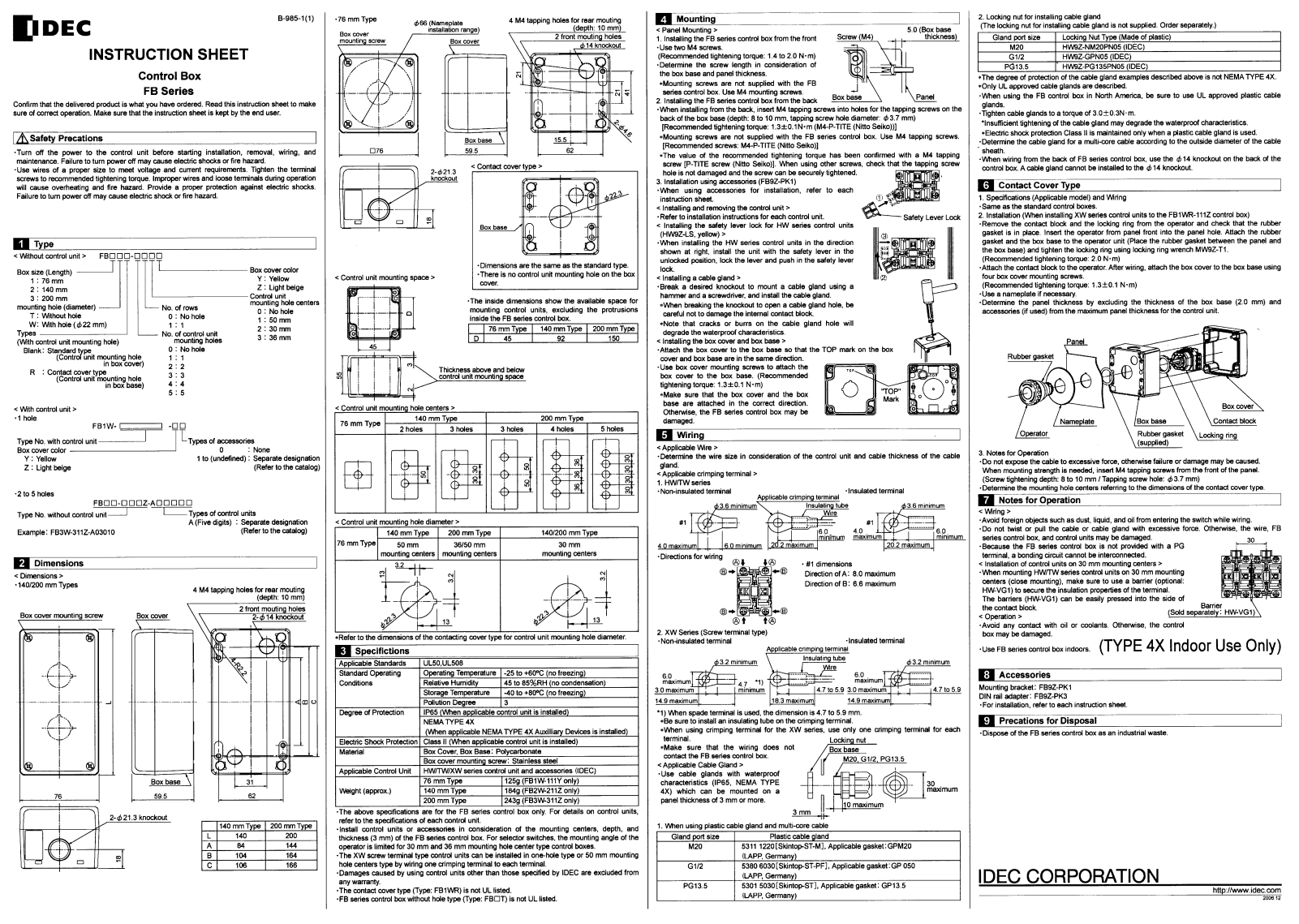 IDEC FB Series Installation Instructions