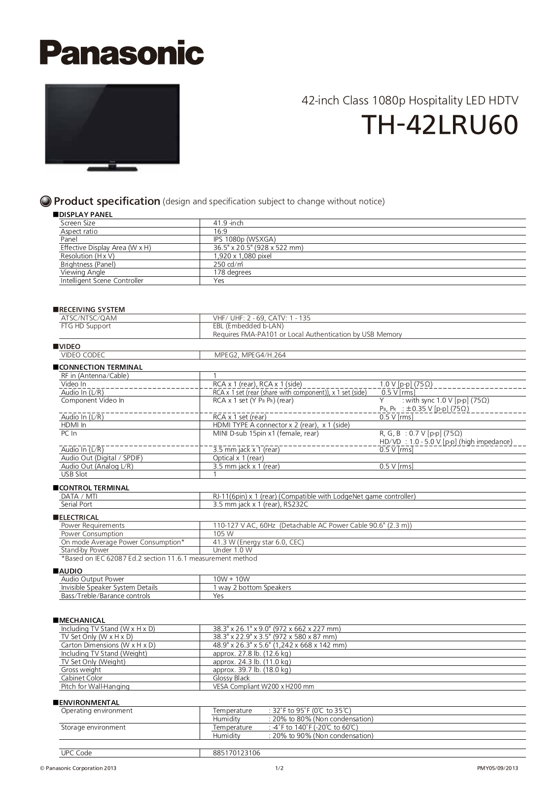 Panasonic TH-42LRU60U Specification