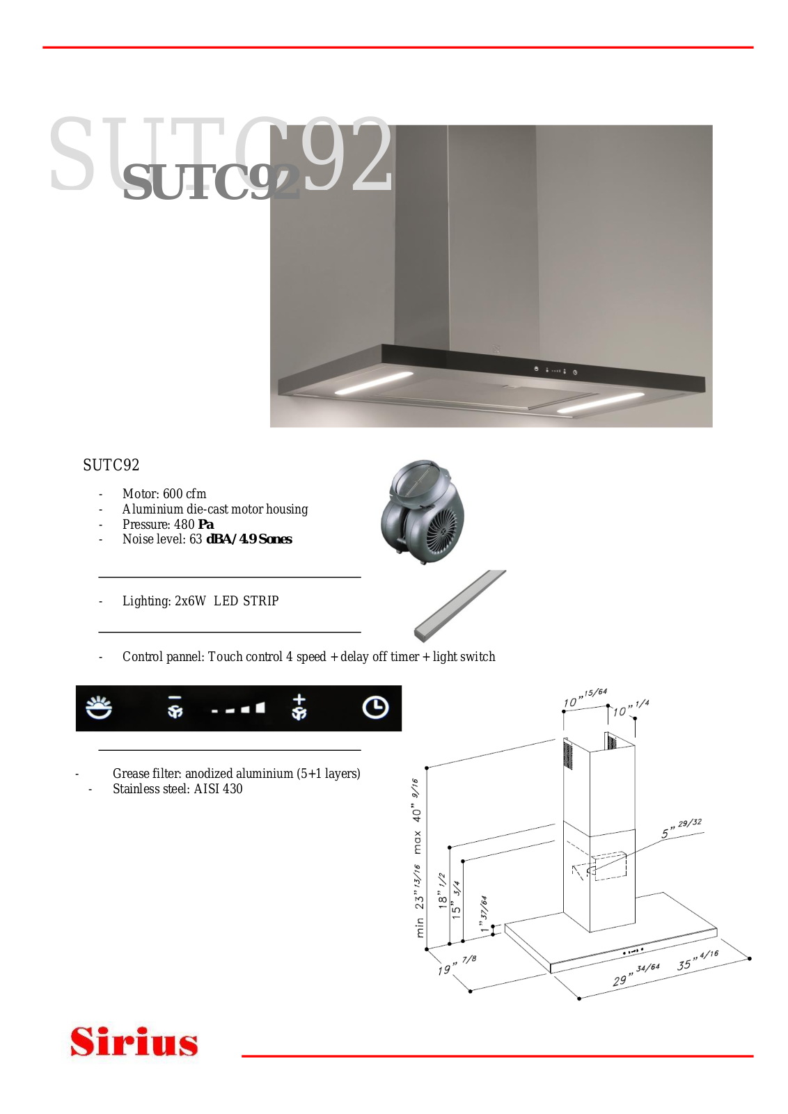 Sirius SUTC9236, SUTC9230 Specifications