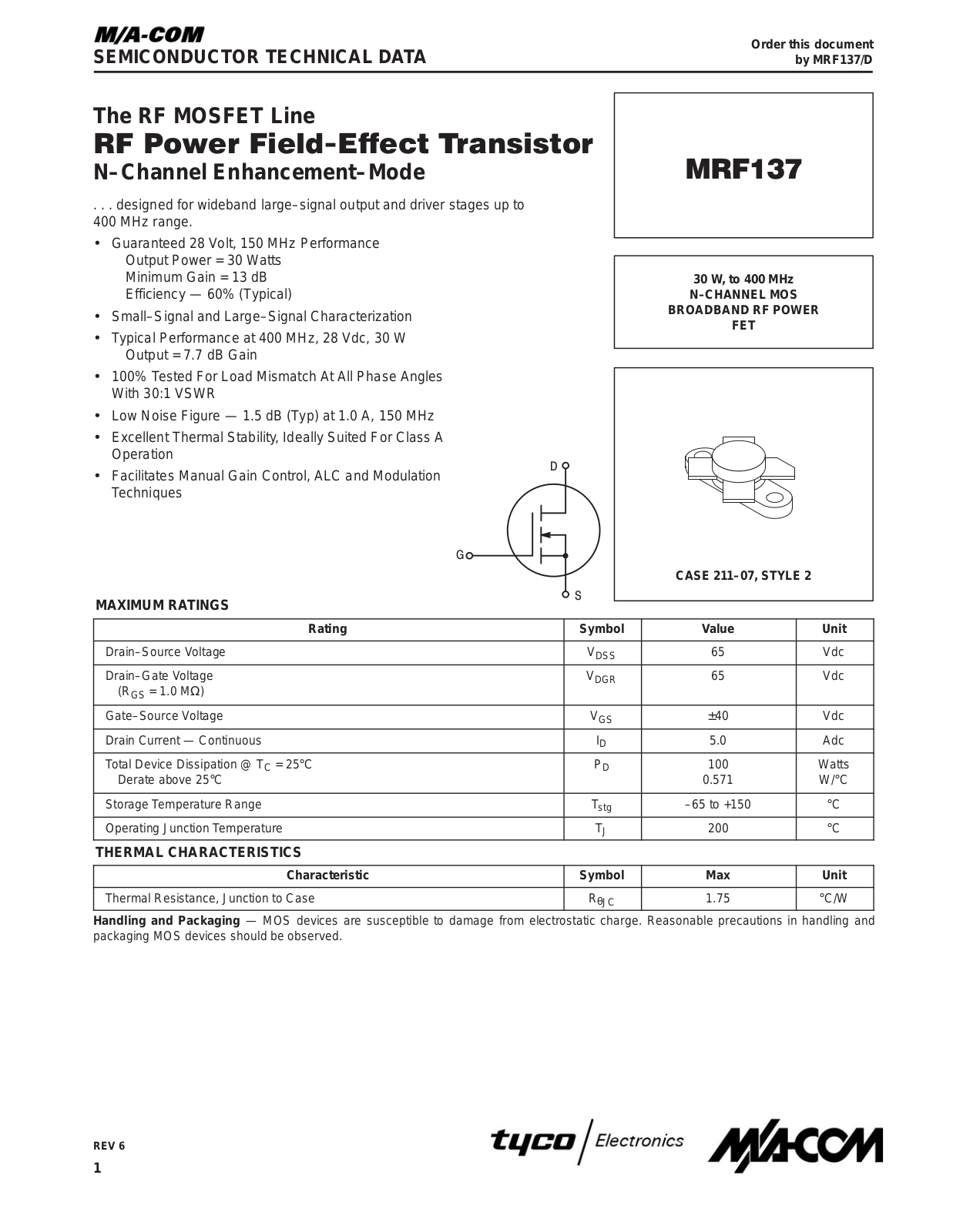 M A COM MRF137 Datasheet