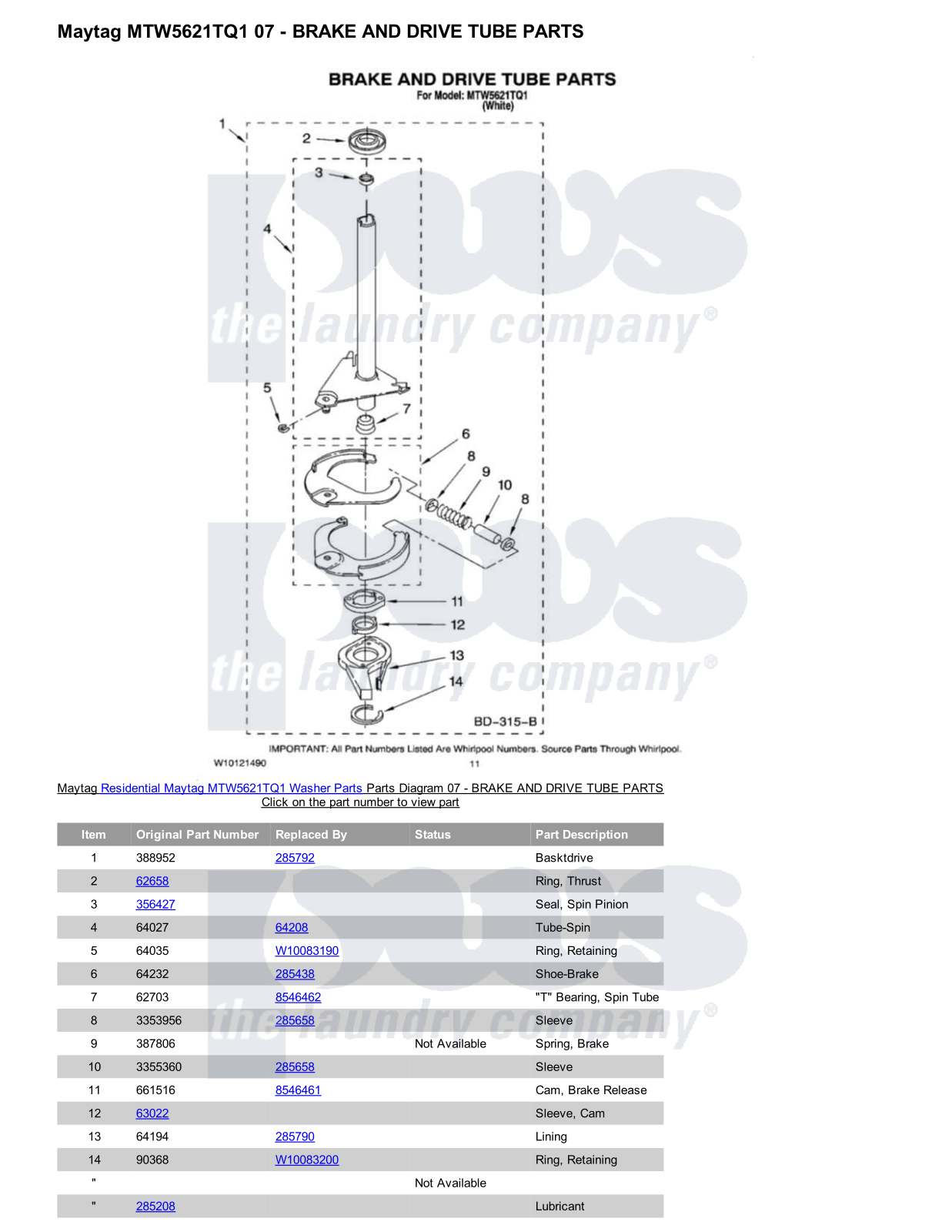 Maytag MTW5621TQ1 Parts Diagram