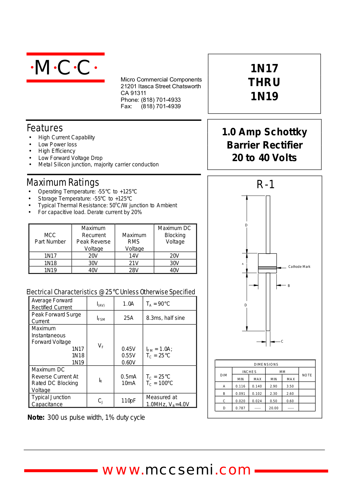 MCC 1N19, 1N18, 1N17 Datasheet