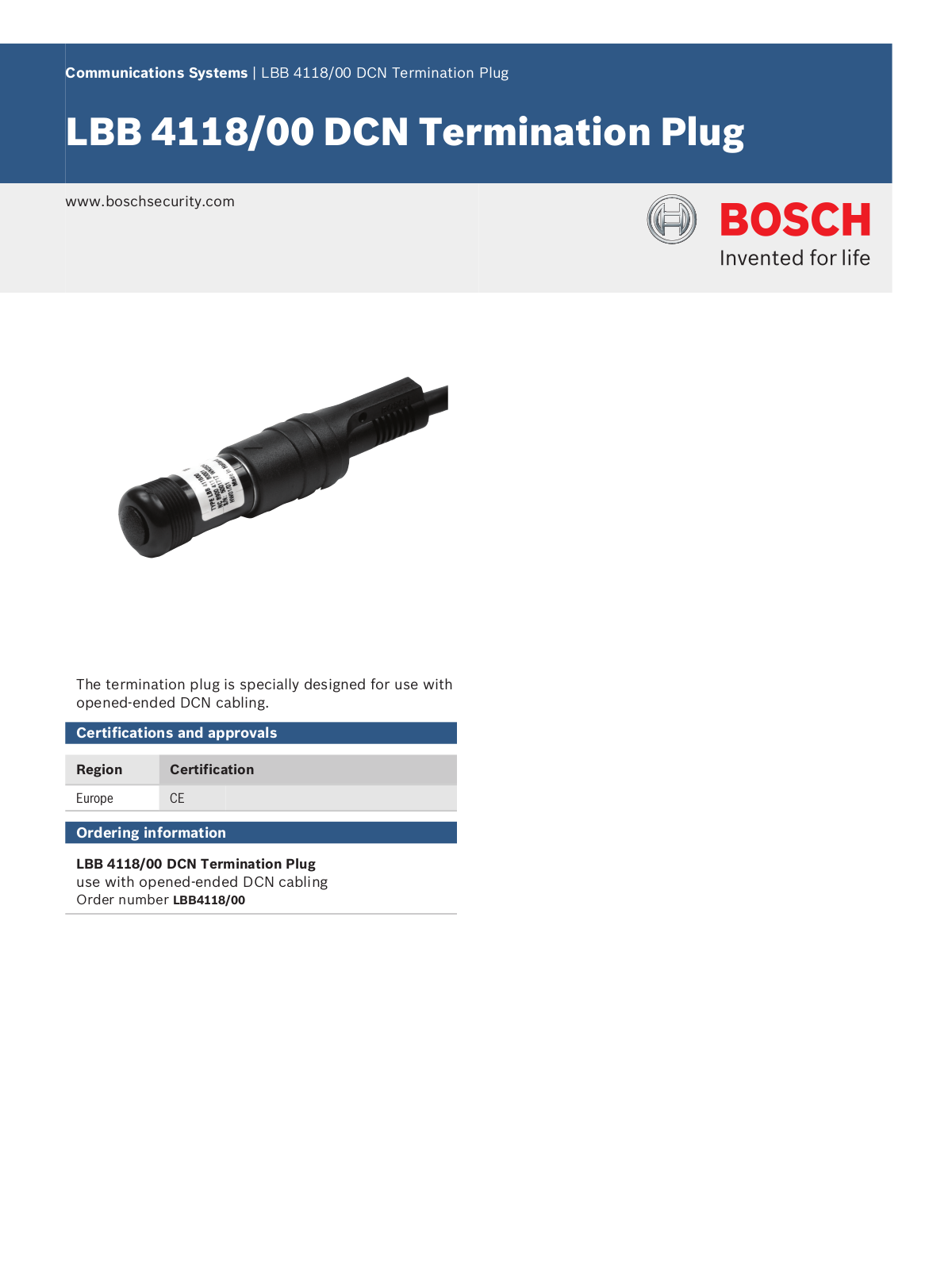 Bosch LBB4118-00 Specsheet