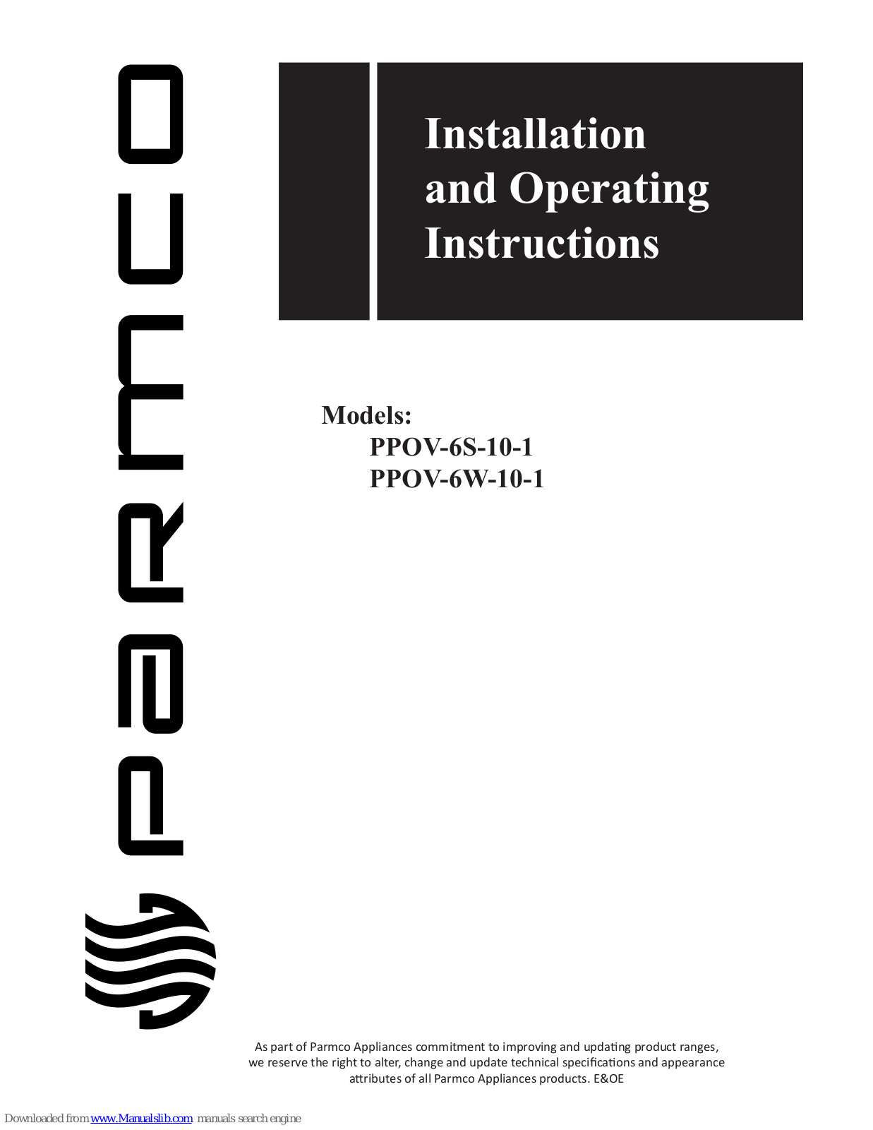 Parmco PPOV-6S-10-1, PPOV-6W-10-1 Installation And Operating Instructions Manual