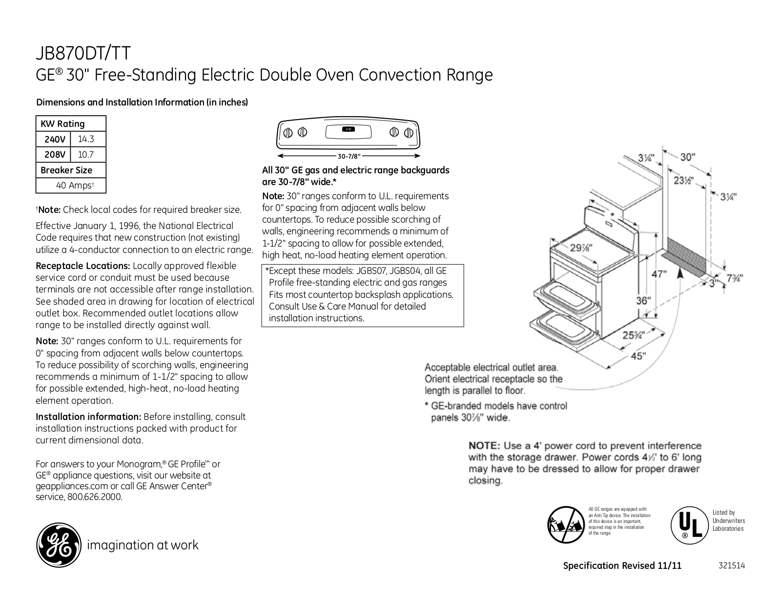 GE JB870DT, JB870TT Specification