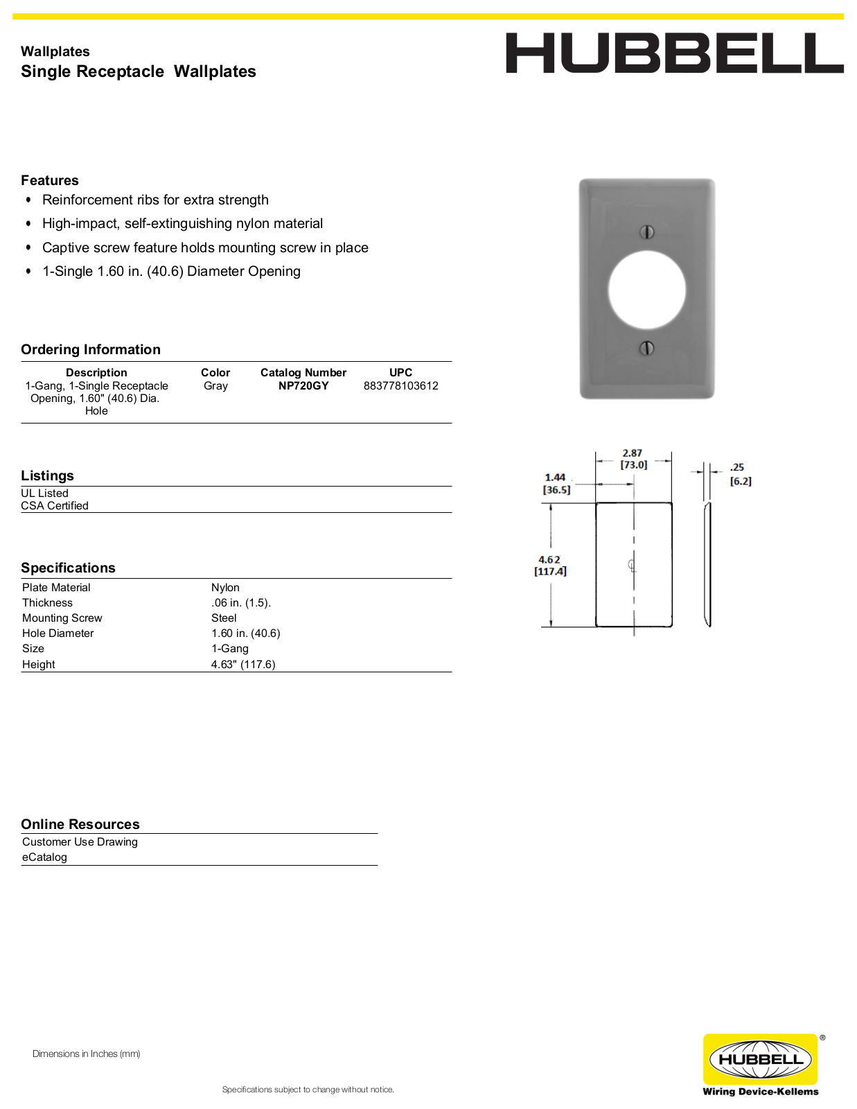 Hubbell NP720GY Specifications