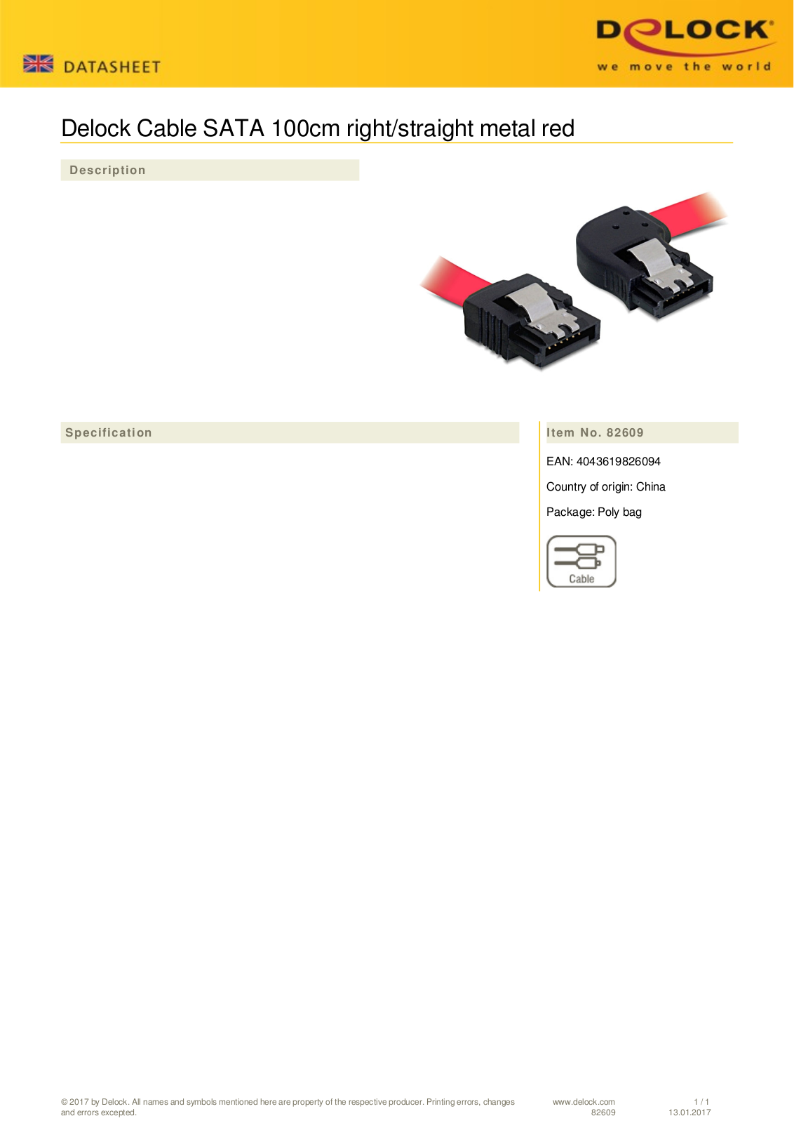 DeLOCK SATA Kabel rot 1m mit Arretierung User Manual