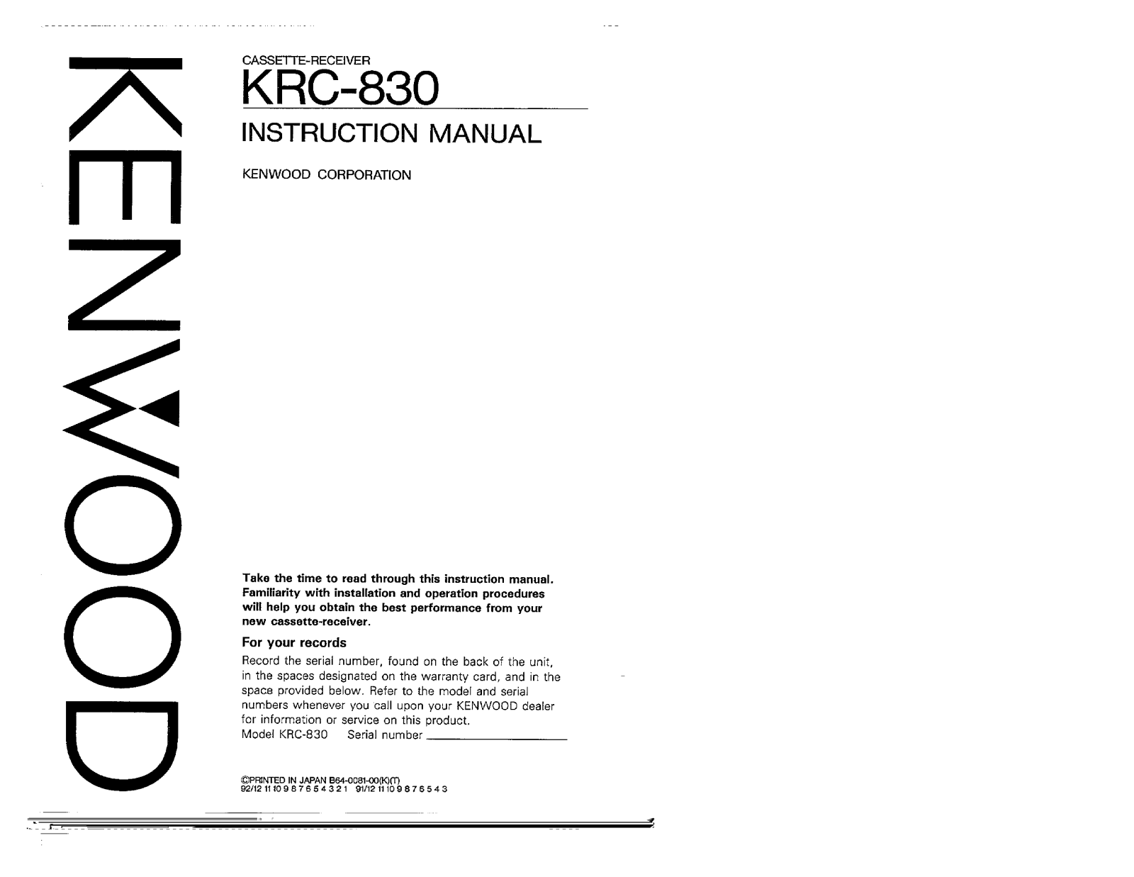 Kenwood KRC-830 Owner's Manual