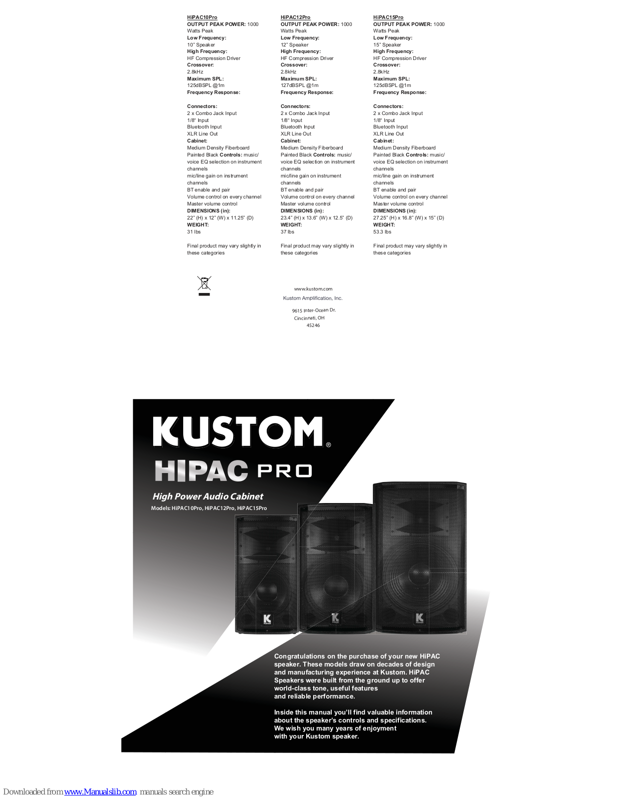 Kustom HiPAC Pro series, HiPAC10Pro, HiPAC12Pro, HiPAC15Pro User Manual