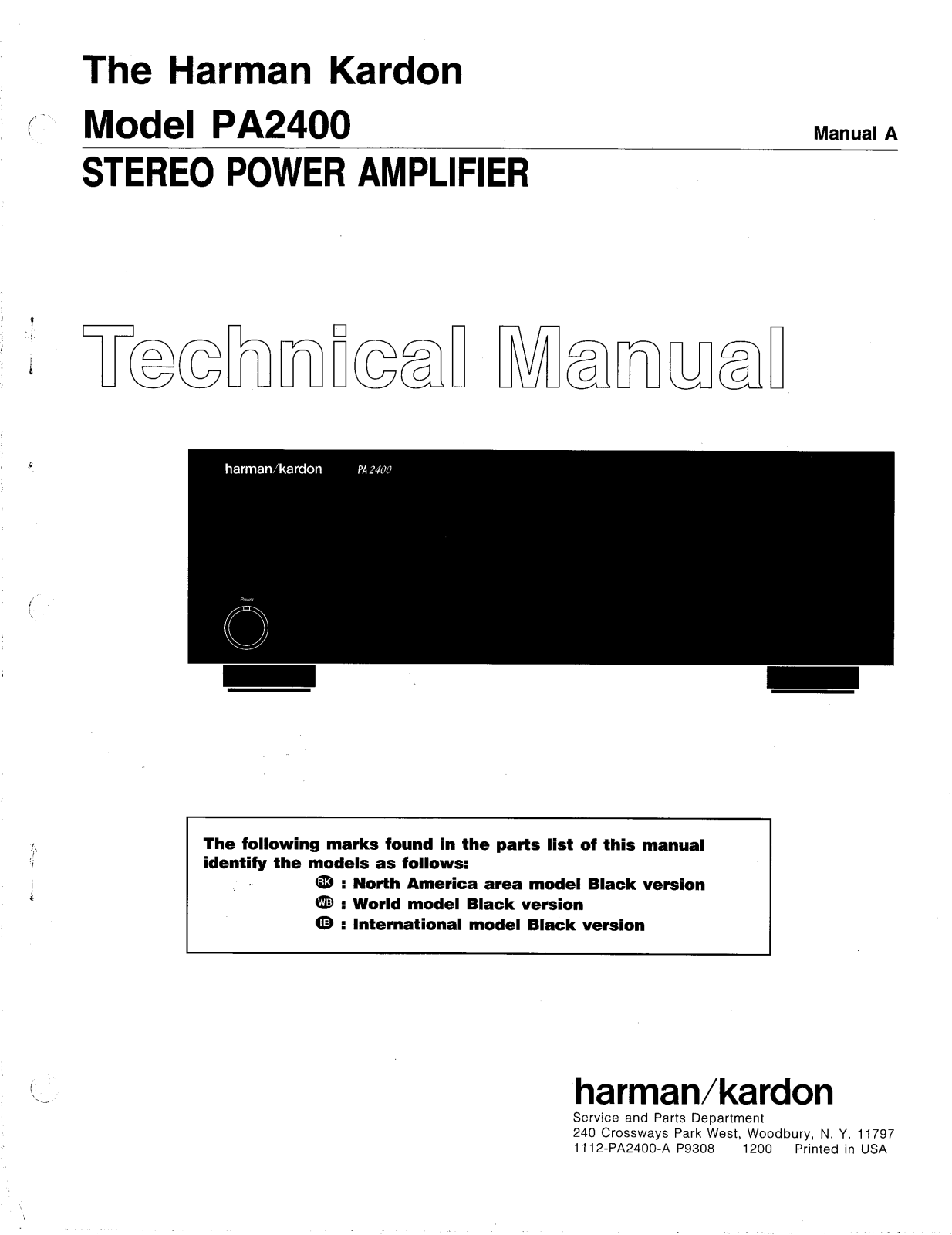 Harman Kardon PA-2400 Service manual