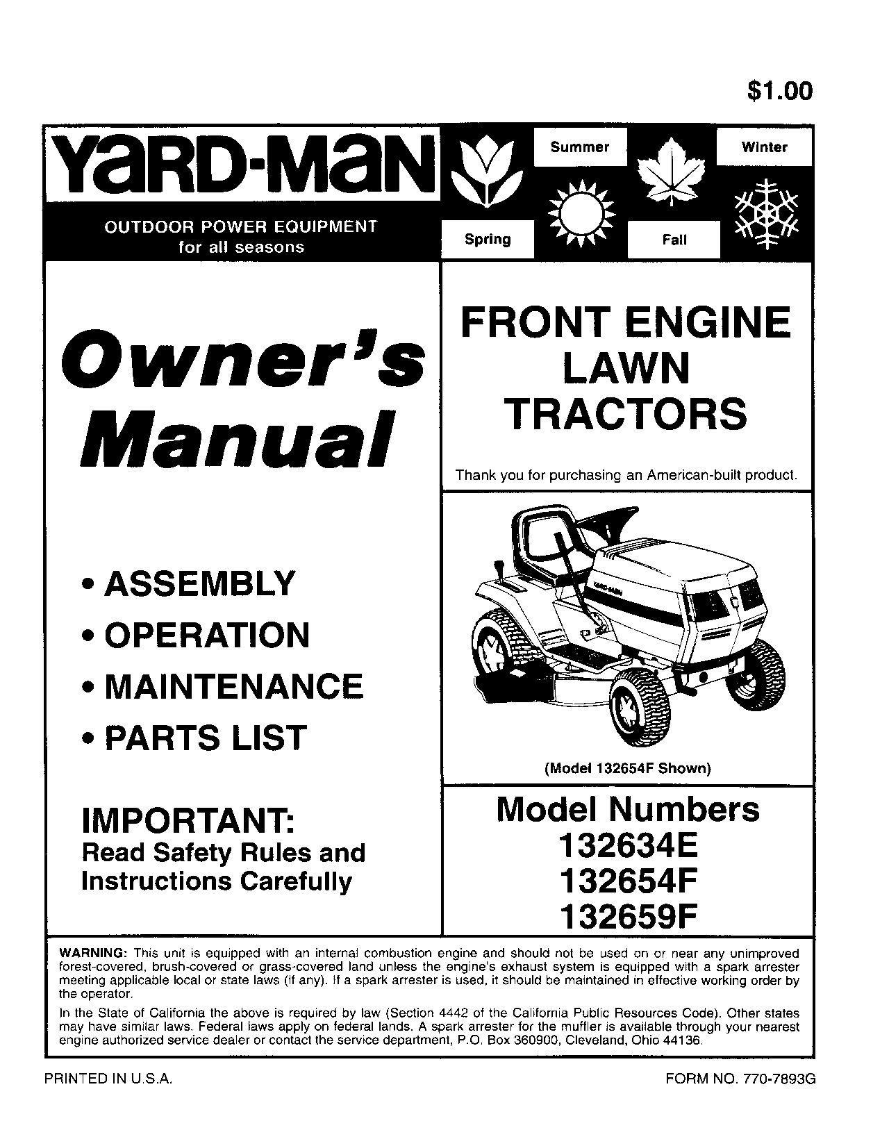 Yard-Man 132654F, 132659F, 132634E User Manual