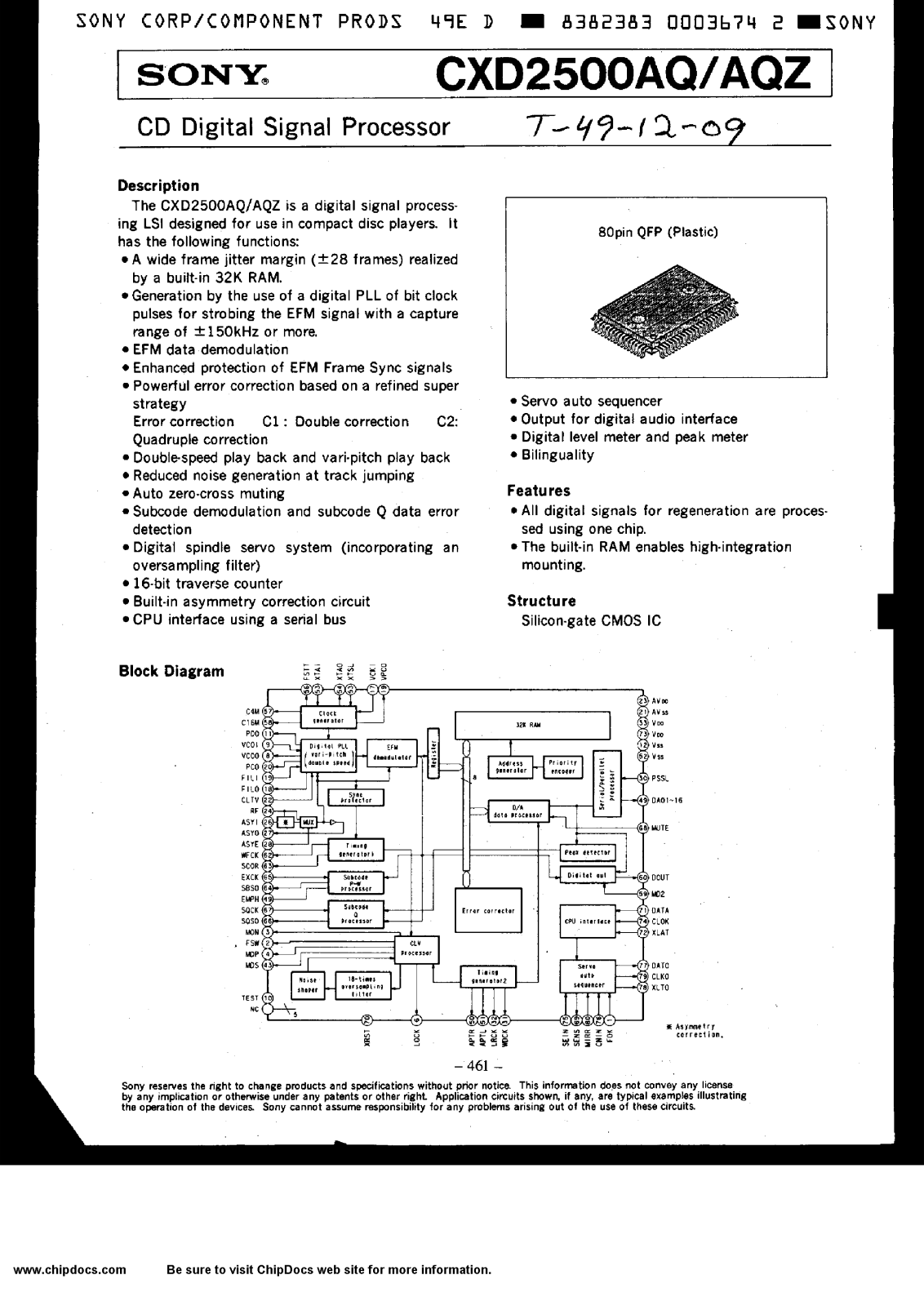 Sony CXD2500AQZ, CXD2500AQ Datasheet