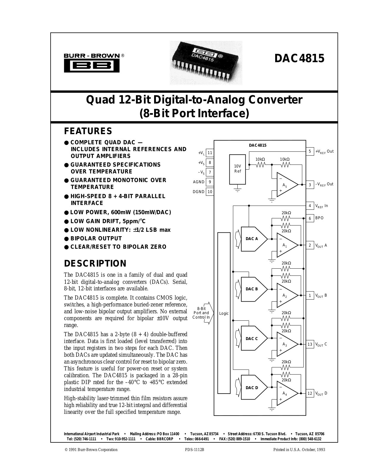 Burr Brown Corporation DAC4815BP, DAC4815 Datasheet