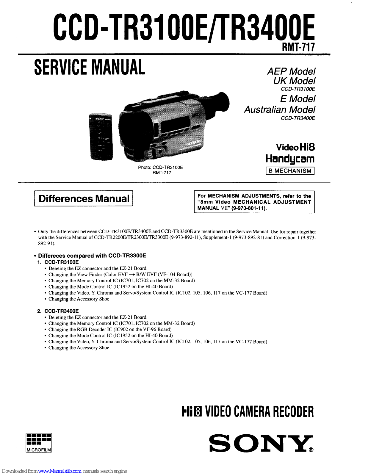 Sony CCD-TR3100E, CCD-TR3400E Service Manual