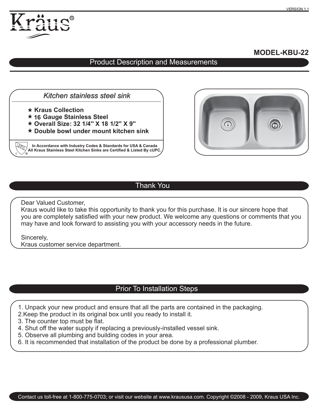 Kraus KBU22KPF1621KSD30CH Installation manual